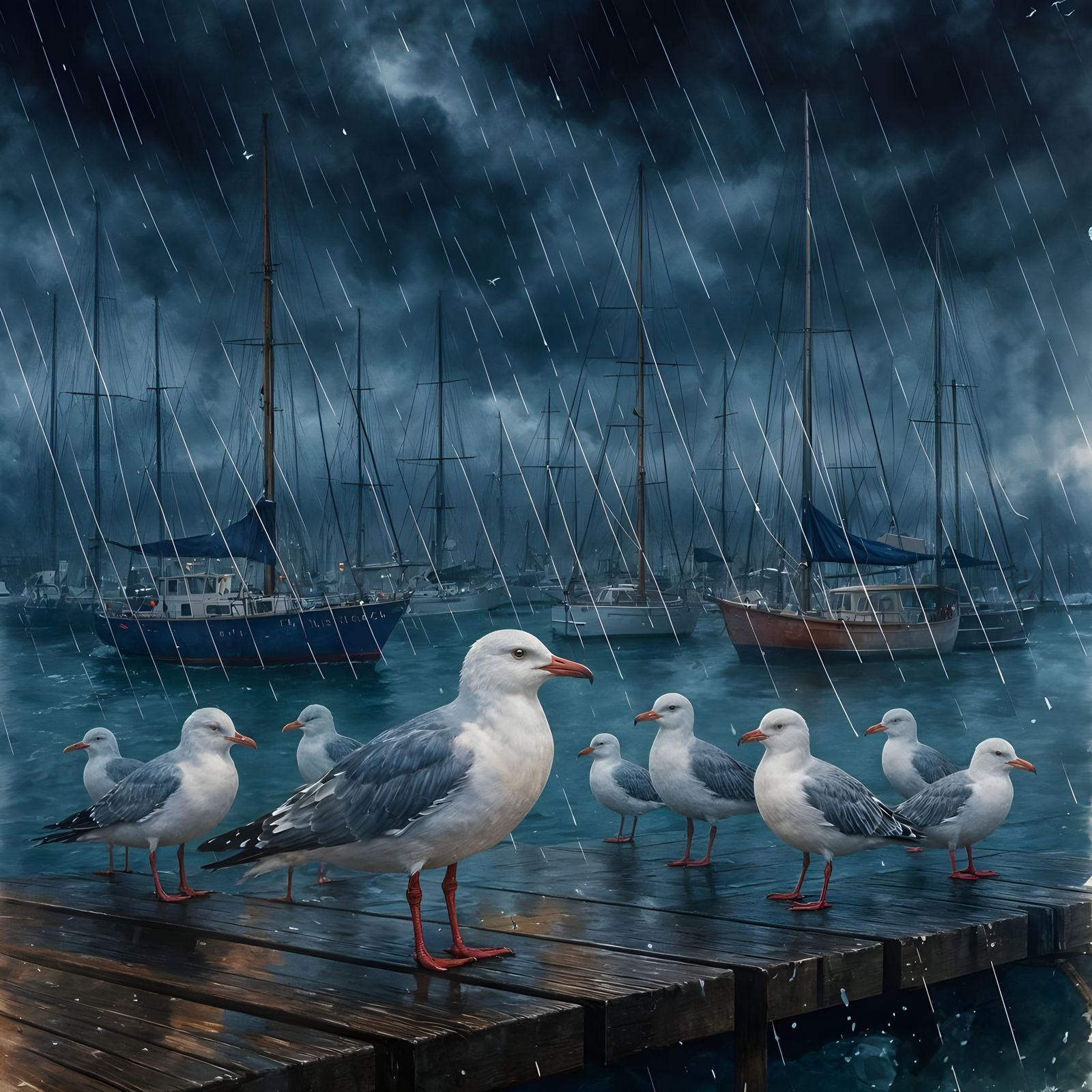 Daily Challenge #991: Masterpiece Monday- Seagulls on a rainy day at a marina