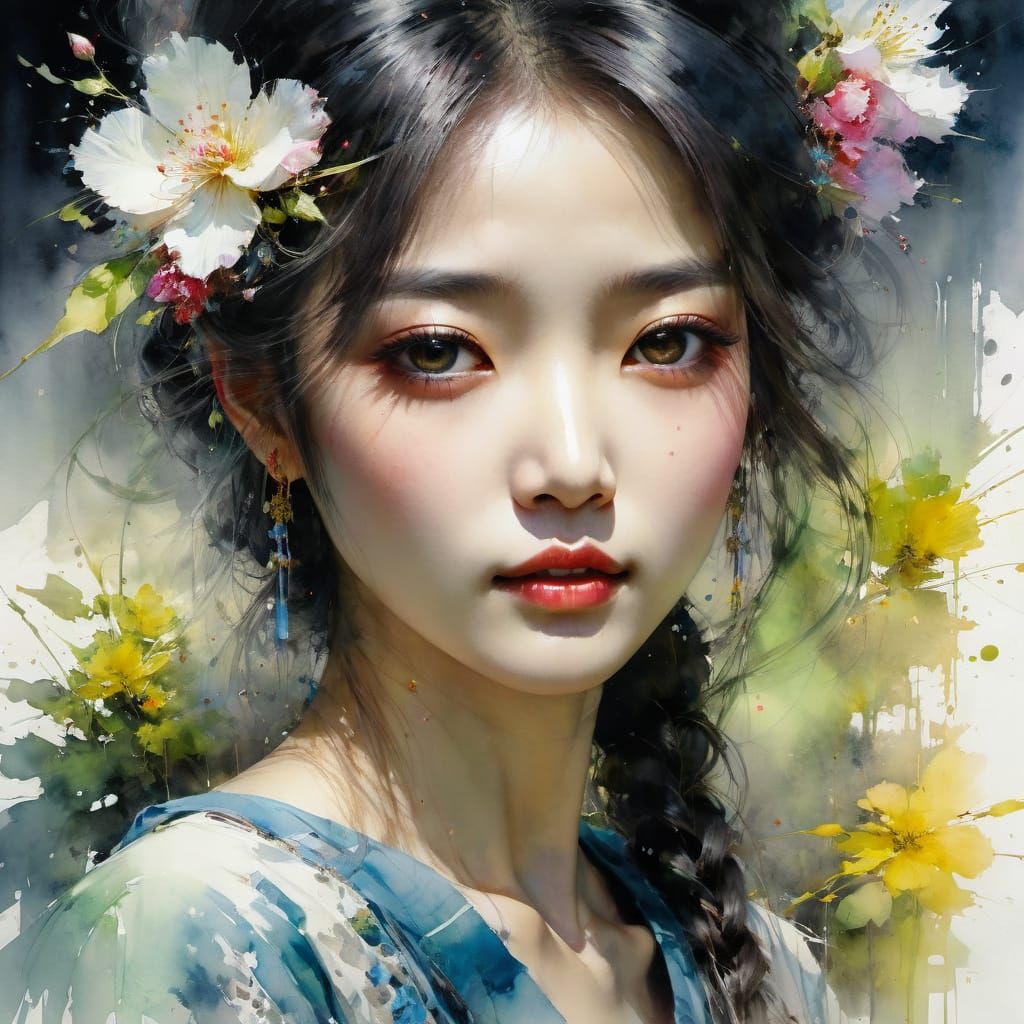 Watercolor Portrait of Enchanting Asian Woman in a Spring La...