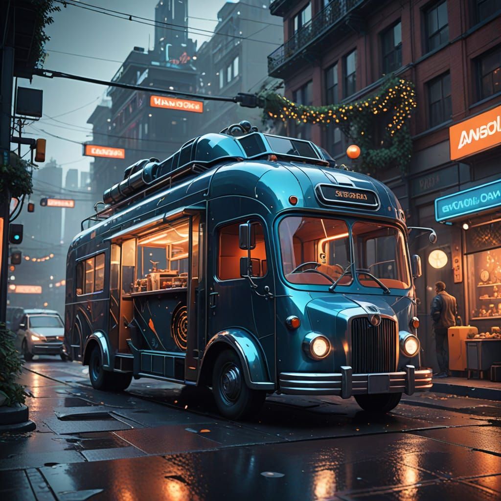 Retro Futuristic Christmas Food Truck Scene