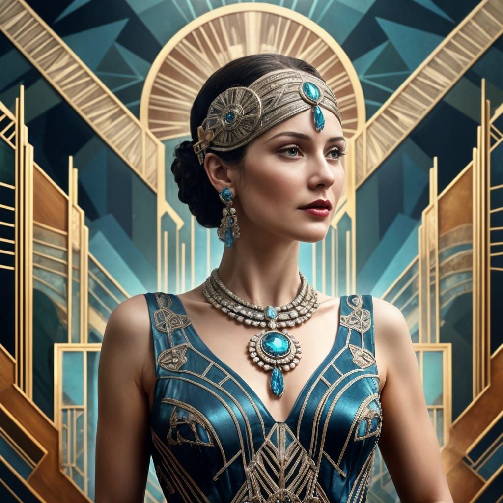 Epic Art Deco Lady in a Dazzling Exhibition Hall