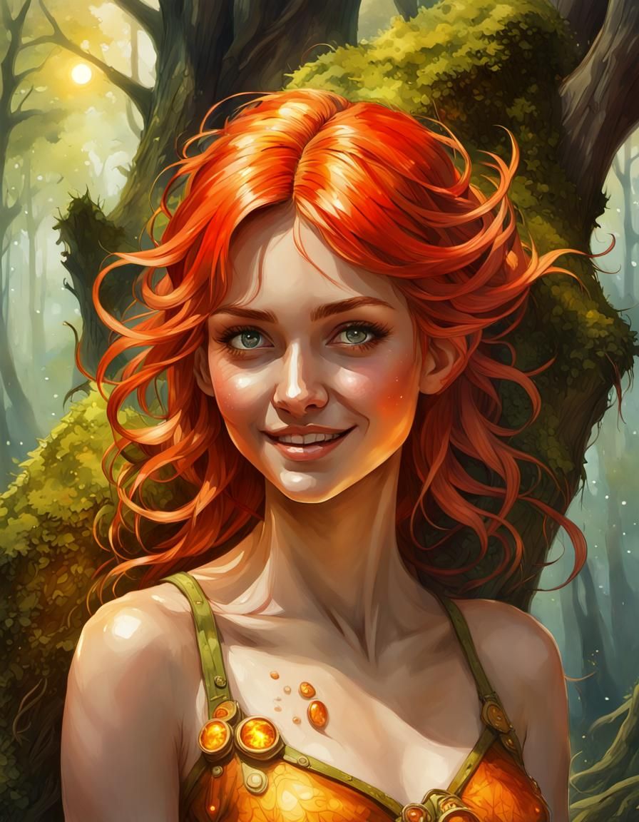 Watercolor Portrait of Red-Haired Woman with Amber Disk