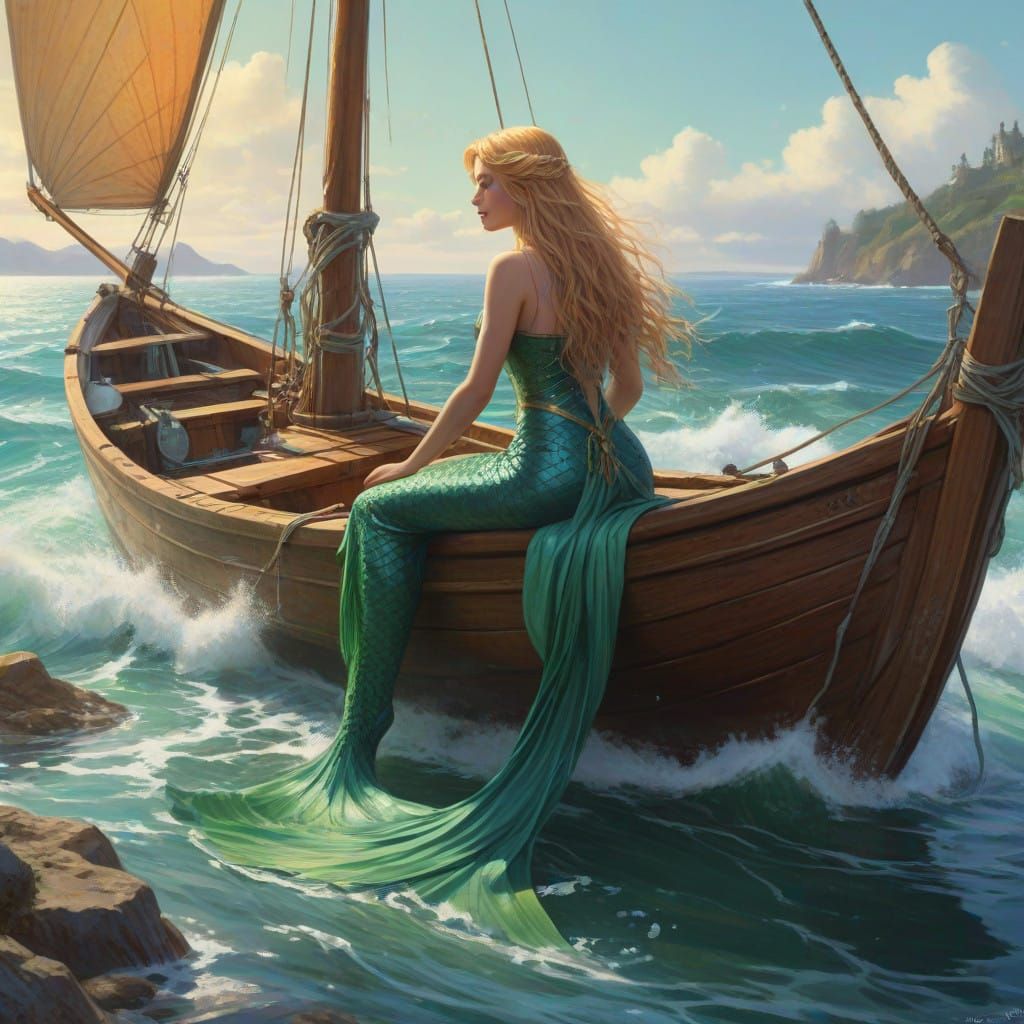 Whimsical Mermaid Lady Approaches a Gentle Sailor