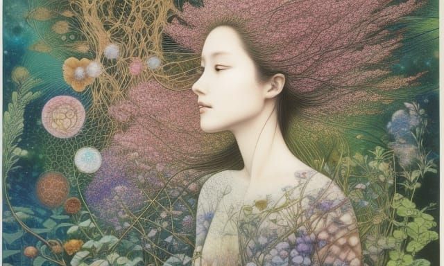 Surreal Woman in Mycelium Network, Botanical Illustration