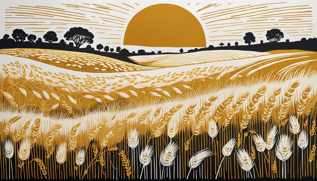 Golden Wheat Field in Lino Print Style