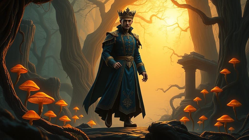 Ethereal Apostle in Victorian Attire Embracing Ancient Fores...