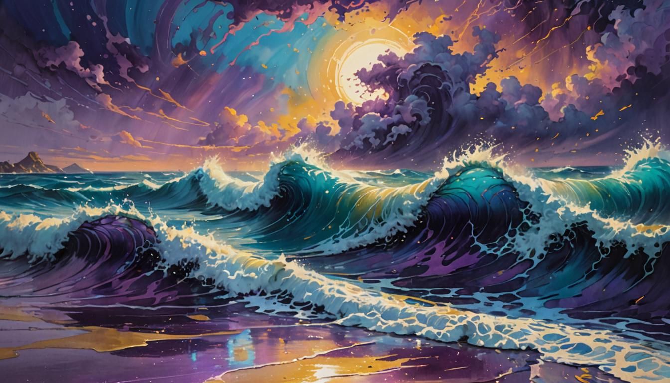 Dreamlike Ink-Splashed Ocean in Gouache Style