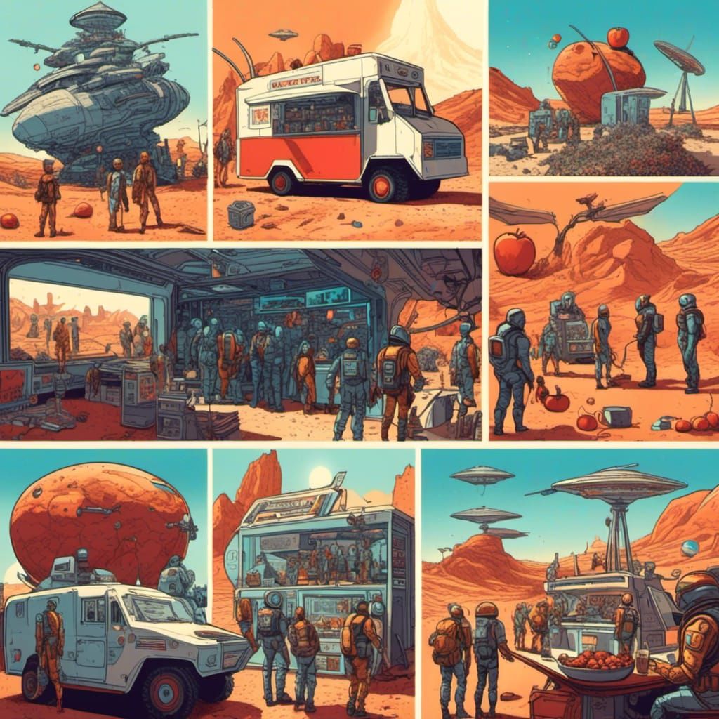 Martian Food Truck with Robots and Galactic Explorers