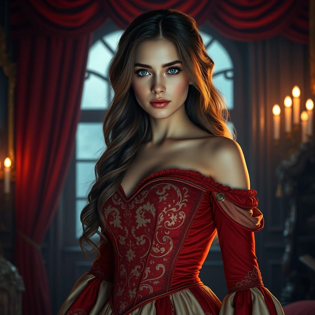 Elegant Fantasy Maiden in Velvet Red and Cream Corset Dress