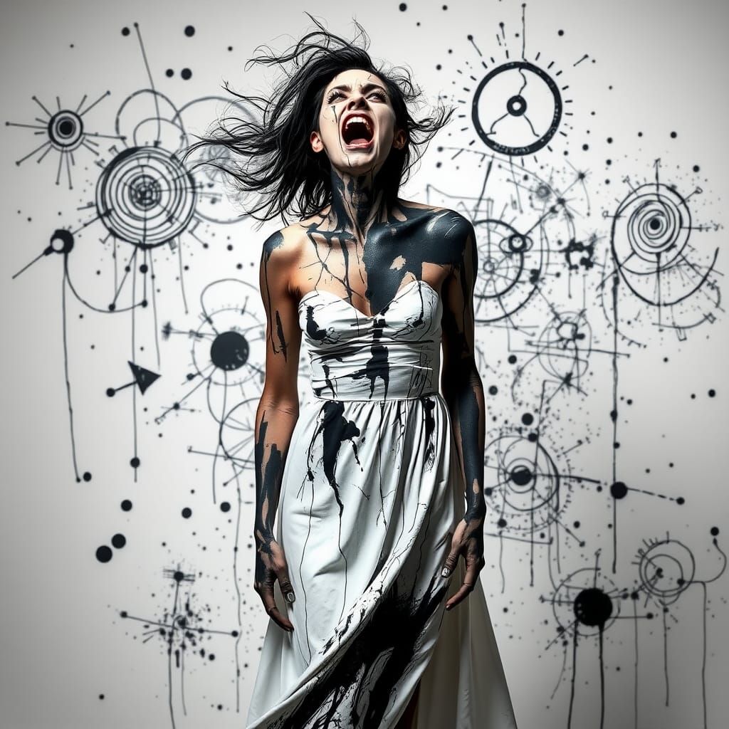 Screaming Woman in Abstract Body Paint, Dramatic Lighting