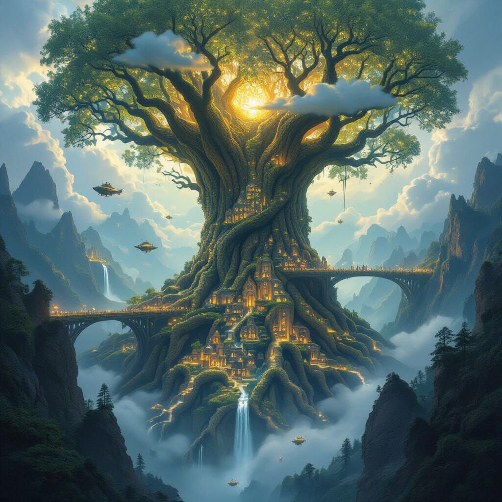 Ancient Tree Cityscape with Bioluminescent Villages