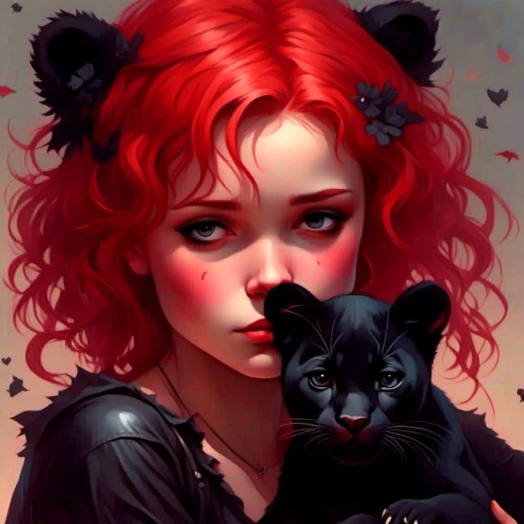Sad Redhead Girl with Cute Black Panther