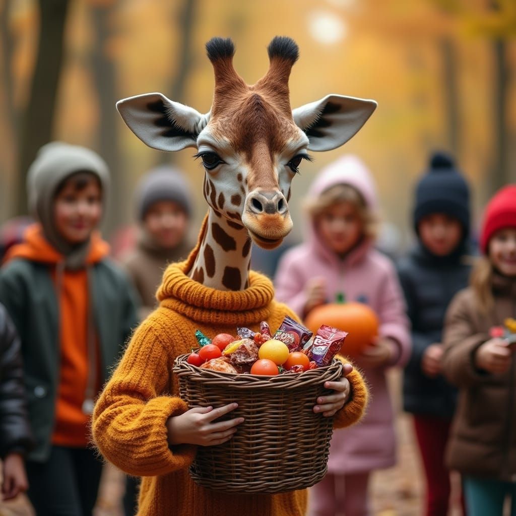 Giraffe Hands Out Halloween Treats in Warm Autumn Scene