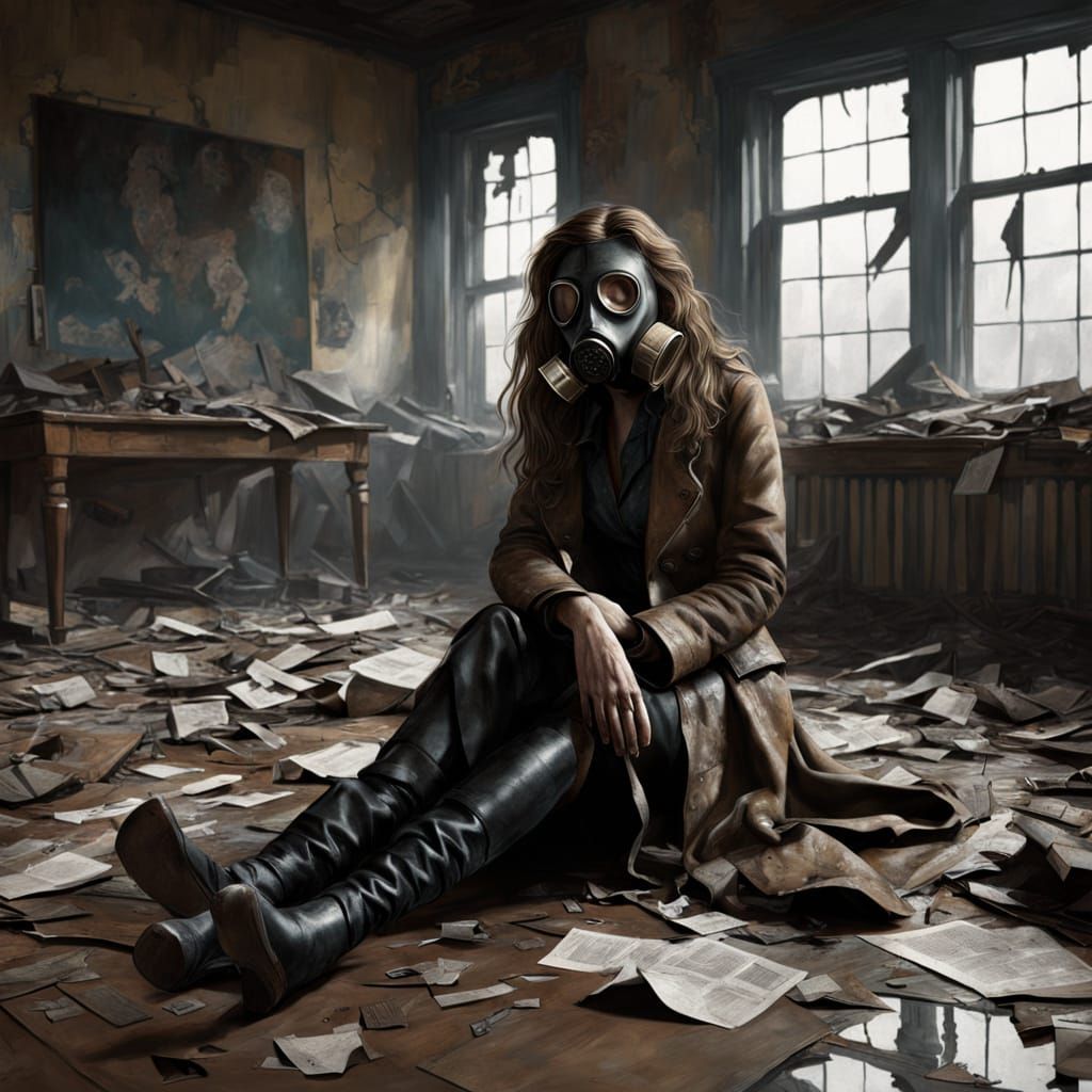 WWI Gas Mask Portrait in Ruined Room