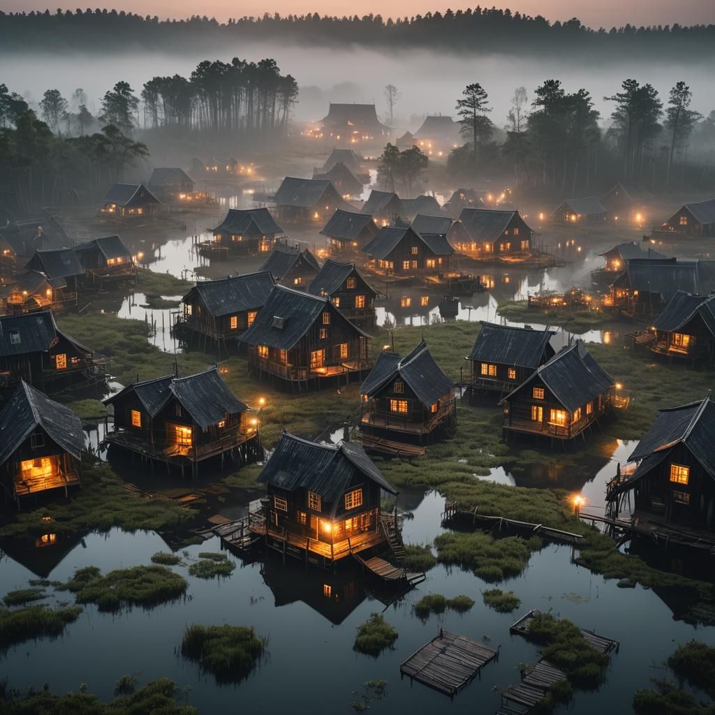 Misty Swamp Village with Lit Wooden Houses