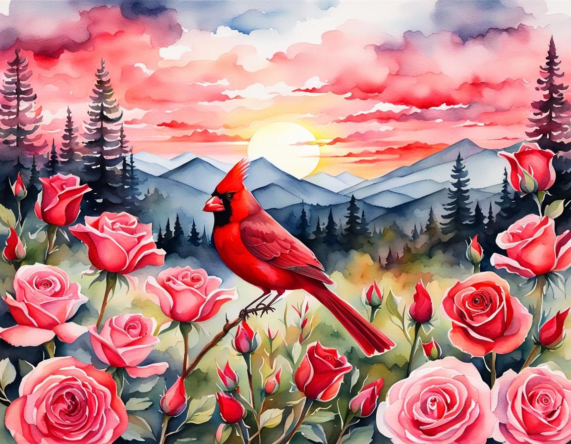 Watercolor Cardinal in Rose Field at Sunset