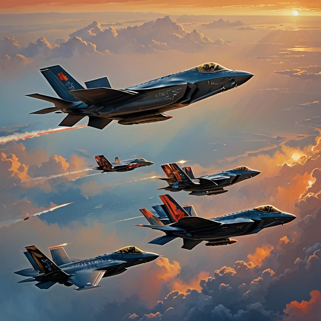 F-35 Jets in Formation at Sunset: Digital Art