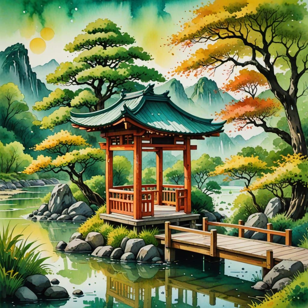 Japanese Woodland Kiosk in Vibrant Watercolor Landscape