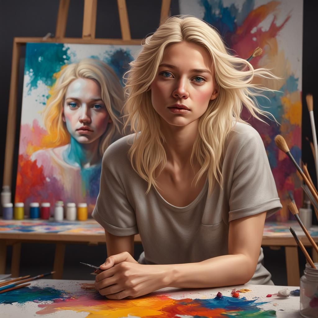 Detailed Portrait of Blond Girl in Art Studio