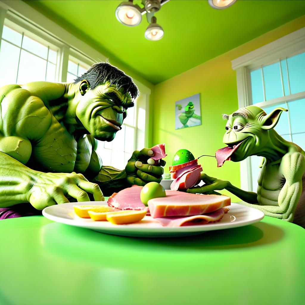 Green Characters Eating Green Eggs, Cartoon Style