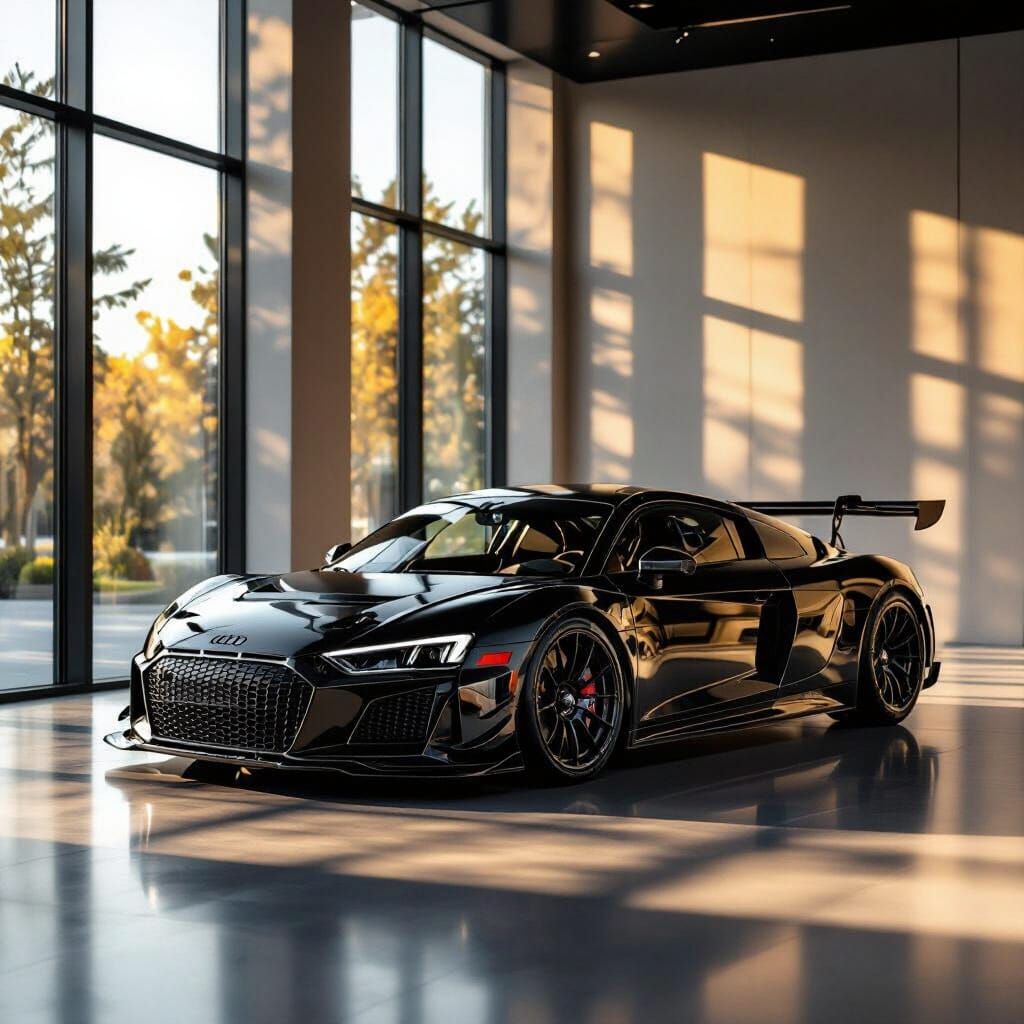 Black Audi R8 LMS GT3 in Modern Showroom