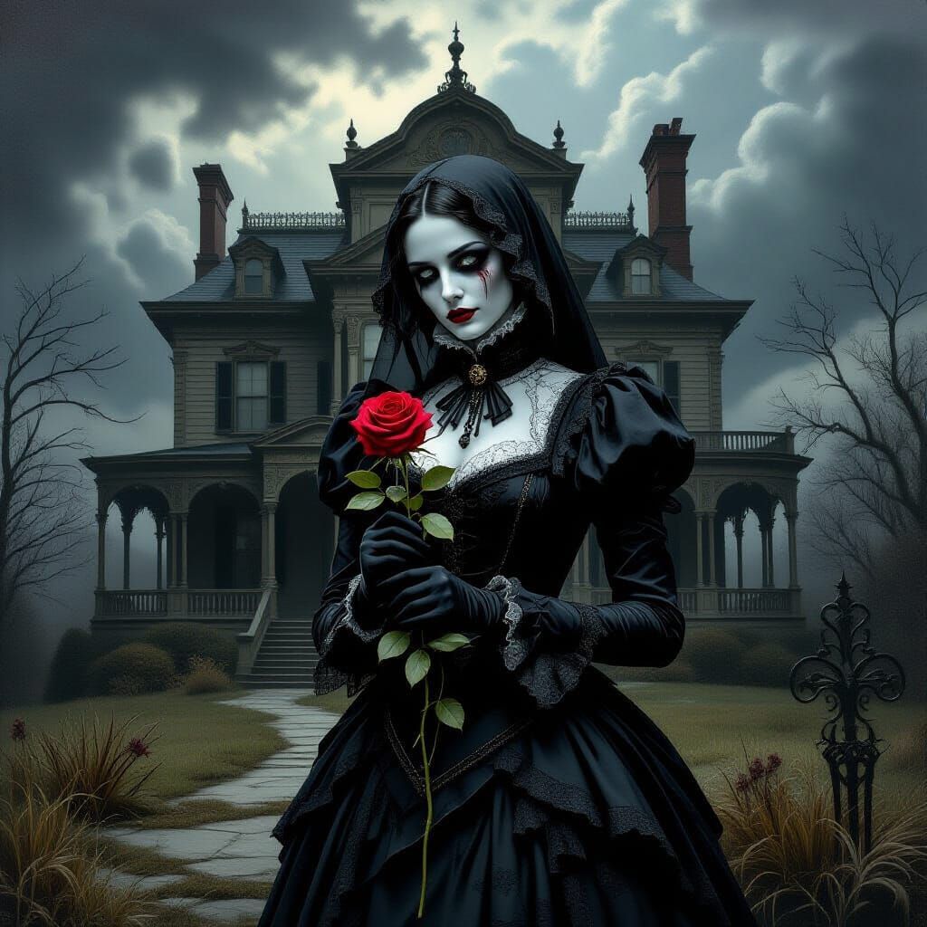 Gothic Maximalist Art: Mourning Figure and Decaying Mansion
