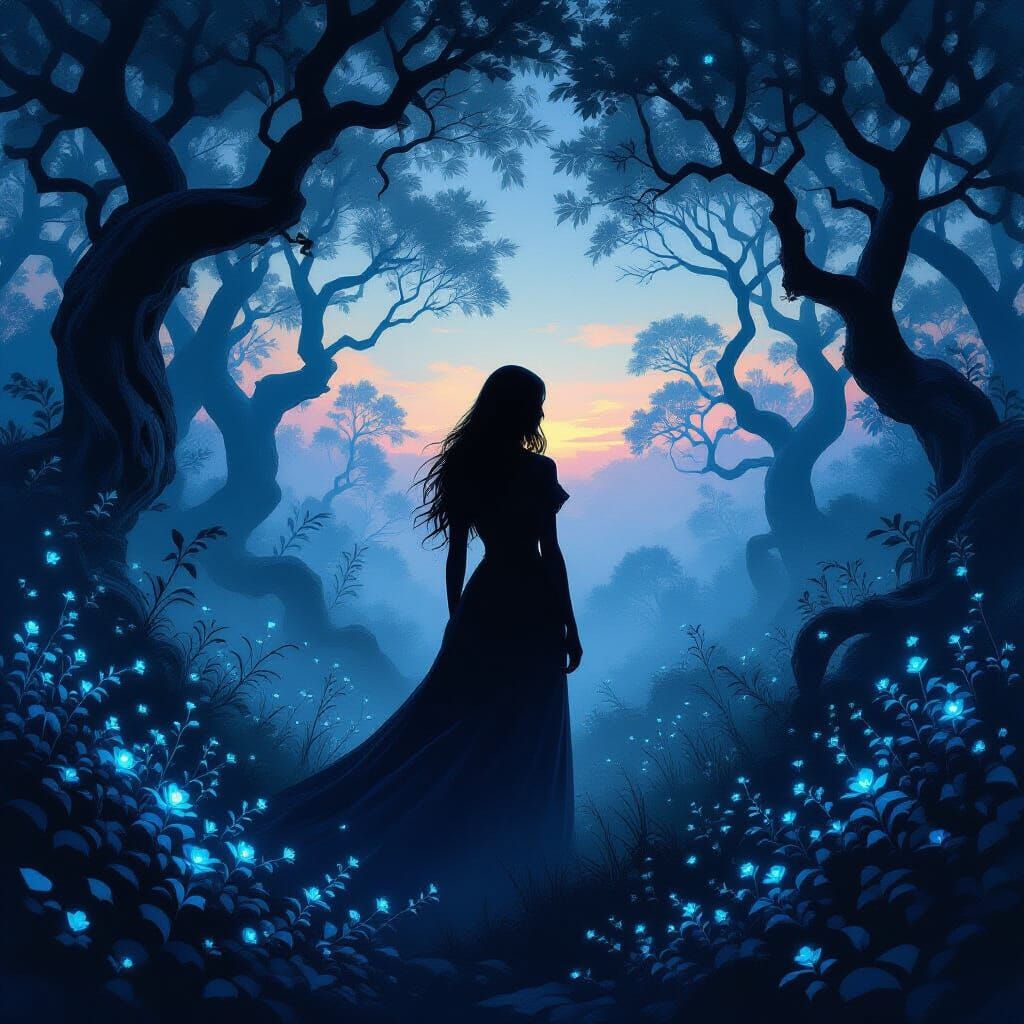 Woman in Bioluminescent Forest at Twilight