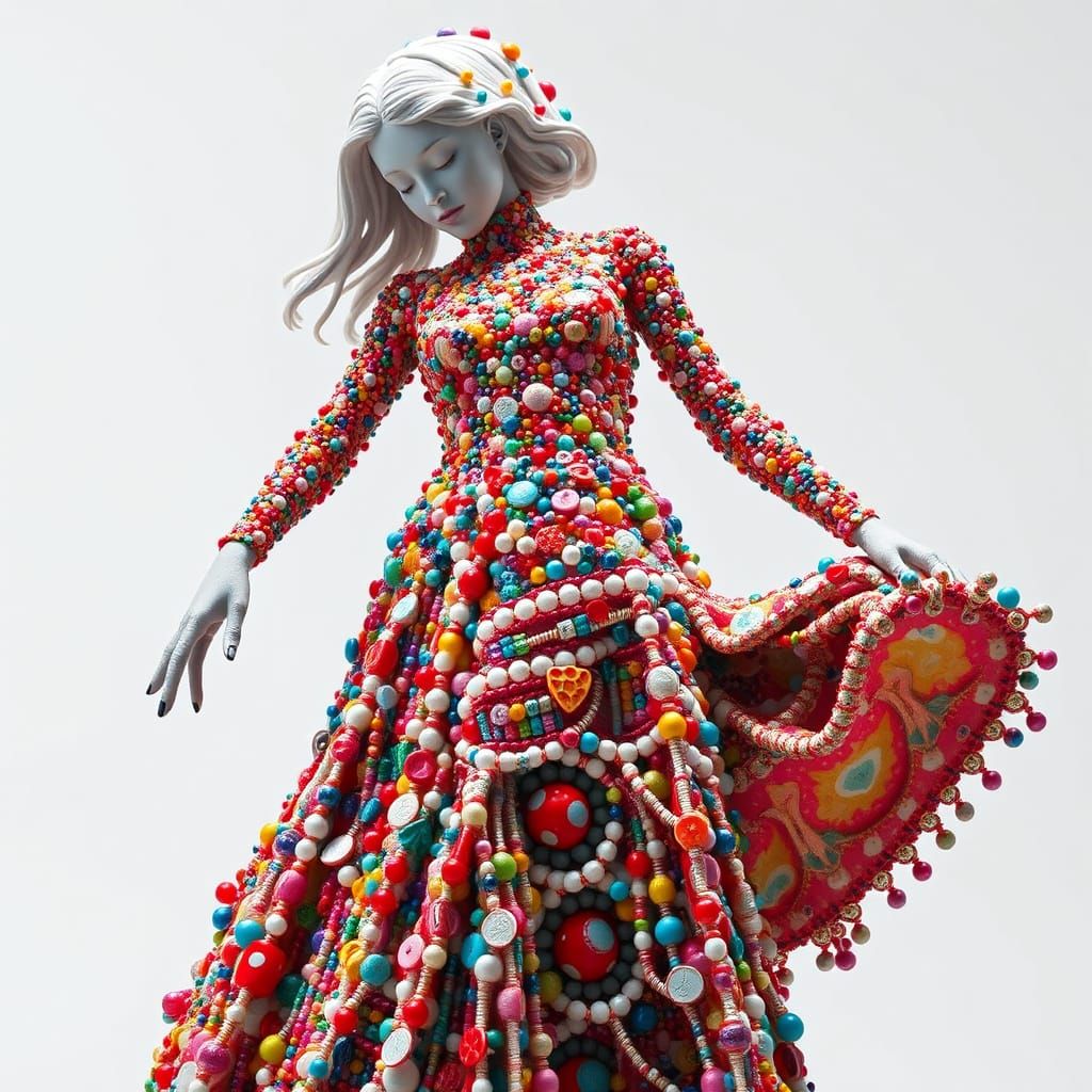 Colorful Beaded Woman Statue in a Surreal Style