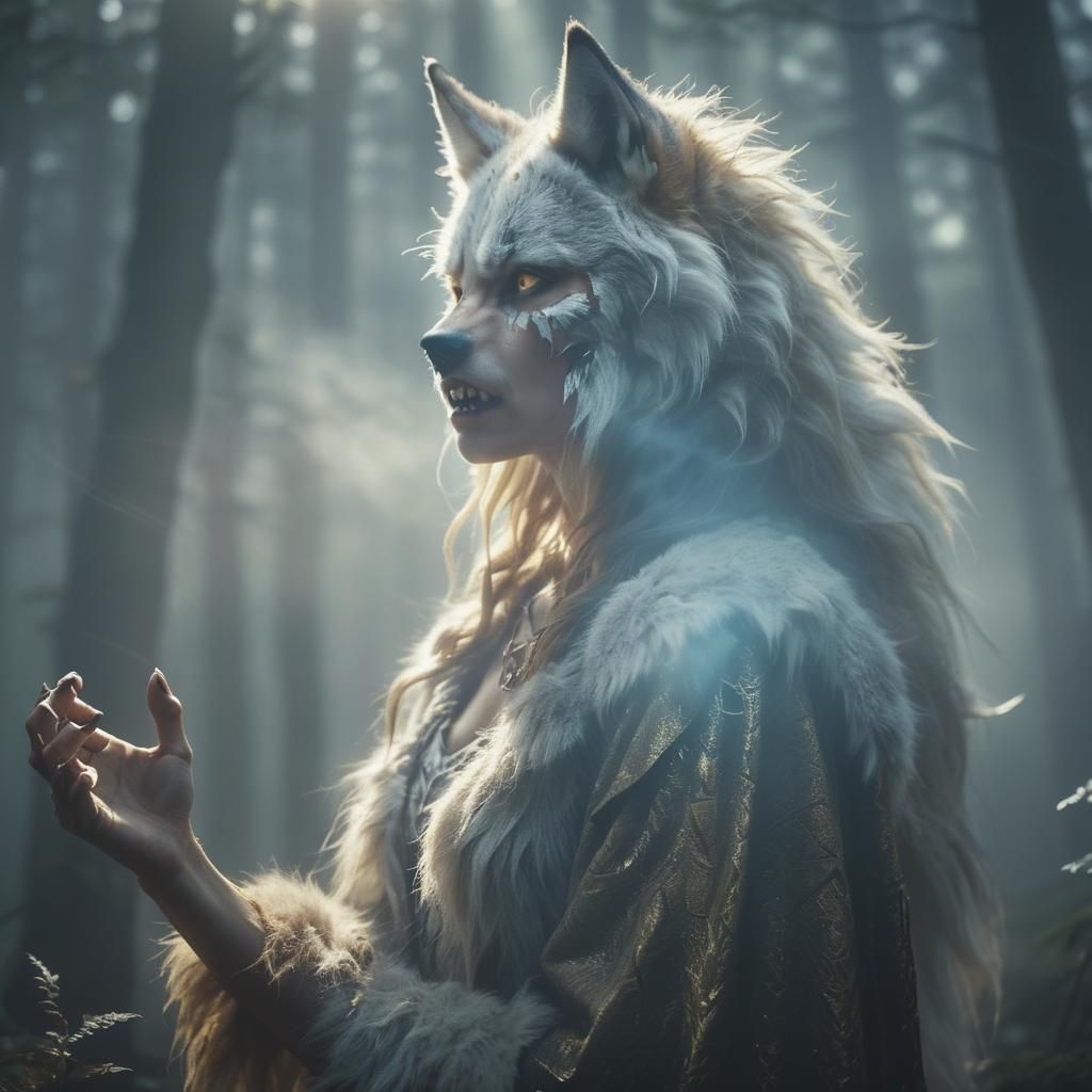Mystical Werewolf Transformation in Misty Forest