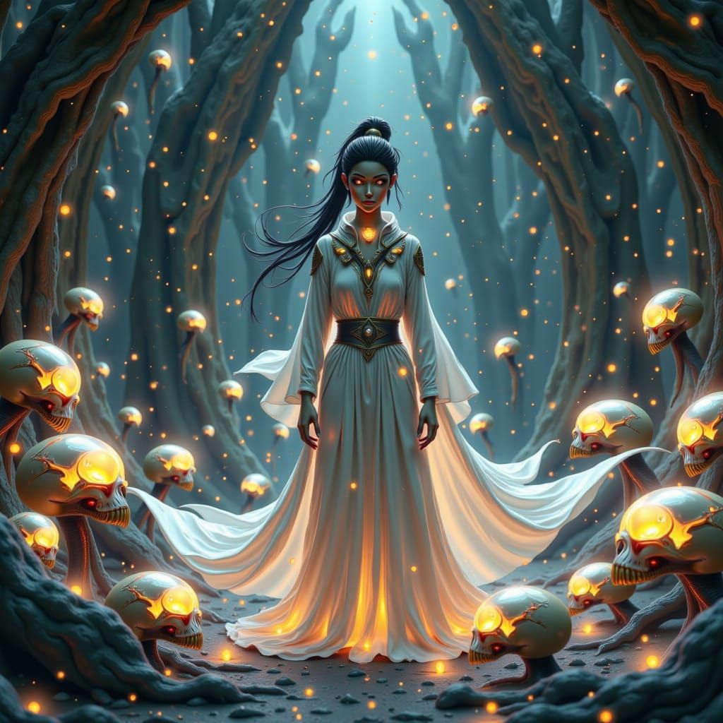 Android Necromancer in Cyberpunk Fantasy Scene