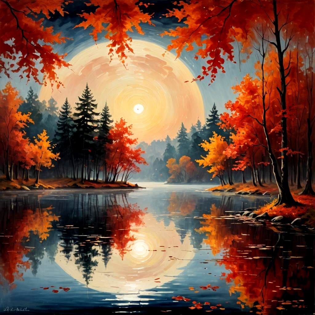 Autumn Lake Landscape Reflecting a Full Moon