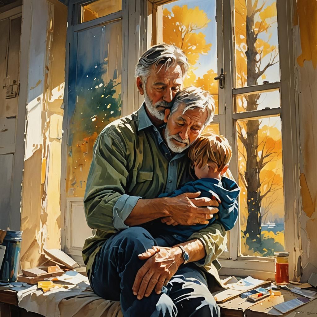 Father and Son Embrace: Gouache Impressionist Painting