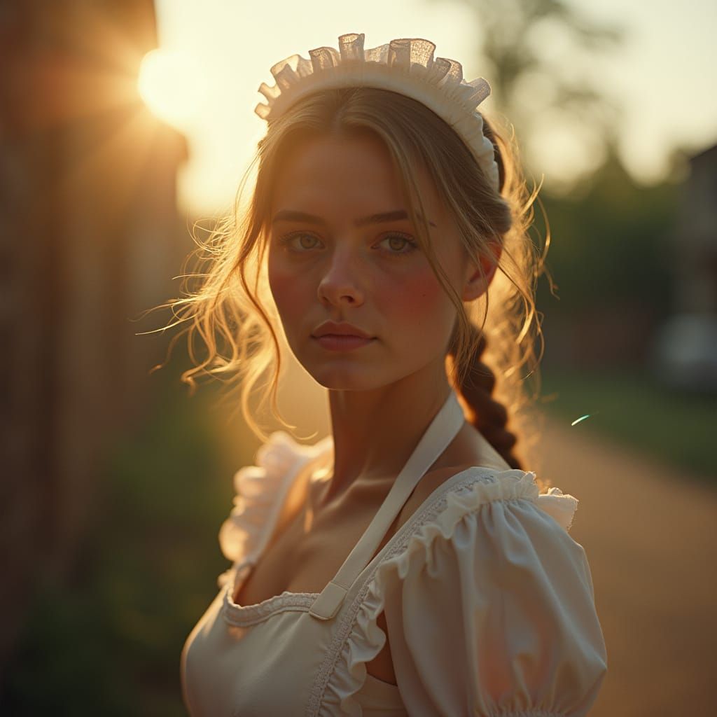 Gorgeous Maid Girl in Soft Sunbeams, Analog Film Style