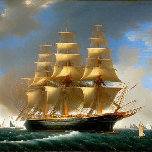 Sailing Ships in Strong Wind as Impasto Painting