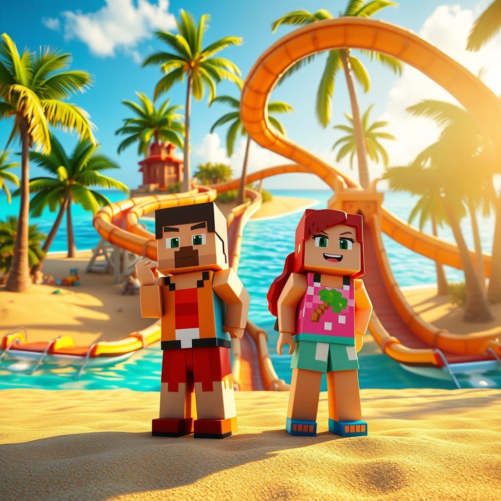 Minecraft Steve and Sunny characters on a summer adventure tropical island with palm trees and slides create an overlay ...