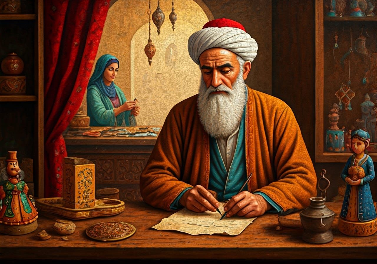Charming Persian Shopkeeper in Naive Art Style