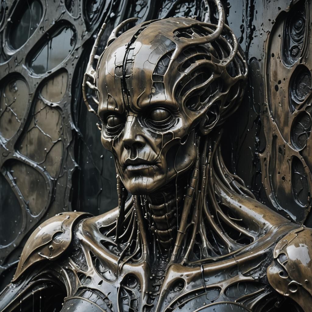 Surreal Statue Oozing Dark Liquid in Biomechanical Style