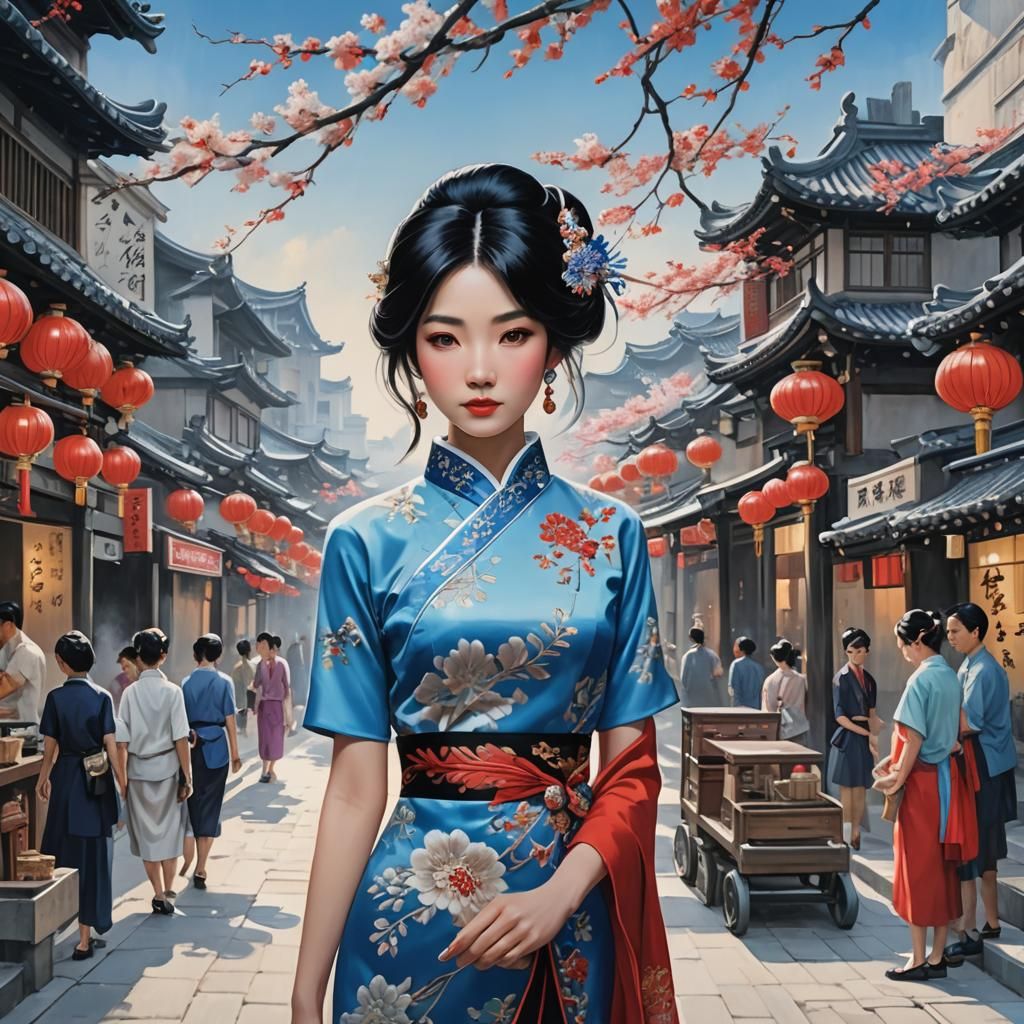 Stunning Japanese Woman with Blue Eyes, Digital Portrait