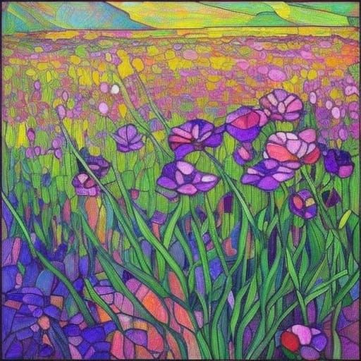 Colorful Landscape in Stained Glass Style