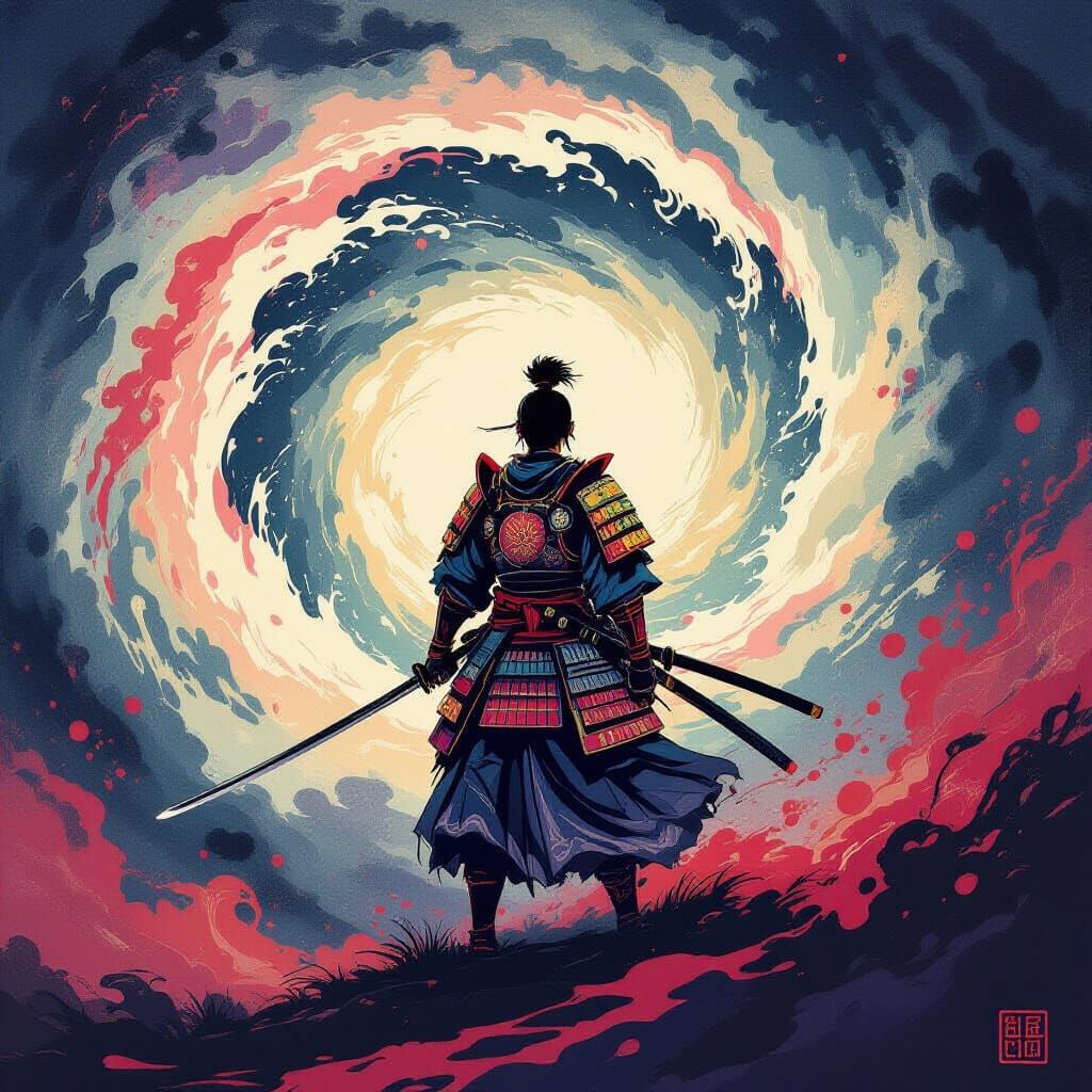 Samurai Warrior in Glowing Ink Vortex