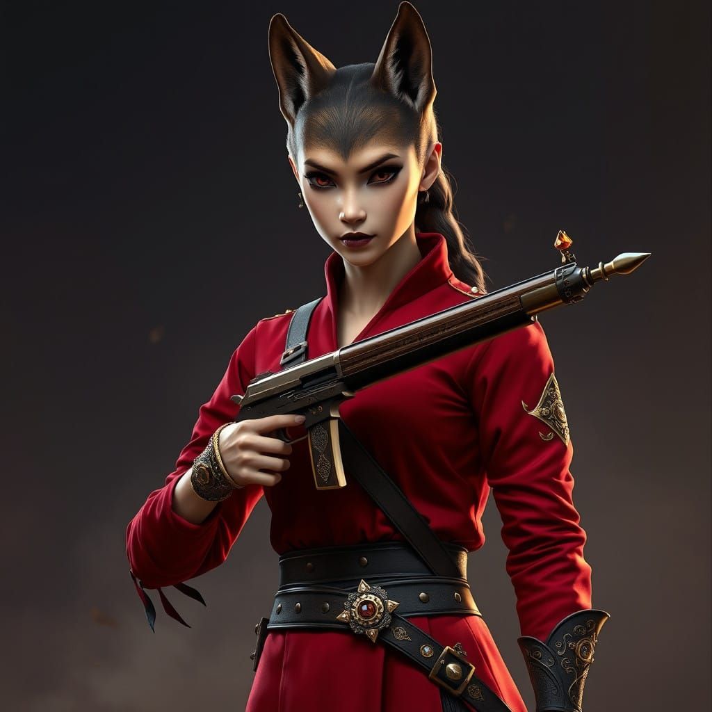 Anthropomorphic Goddess of Killing in Blood-Red Uniform