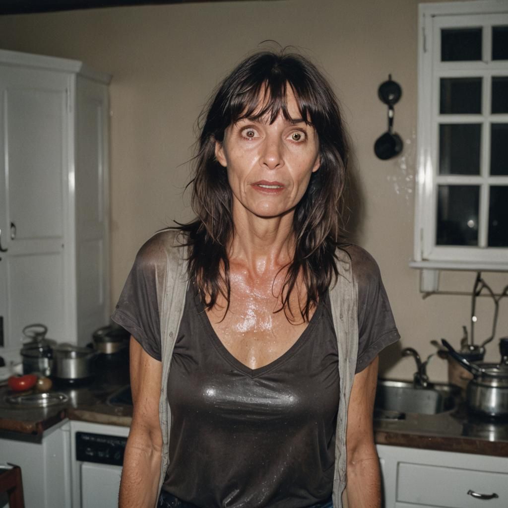 Surprised Woman in Kitchen at Night