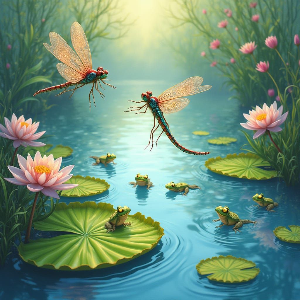 Whimsical Dragonflies Dance Above a Serene Glass-Like Pond