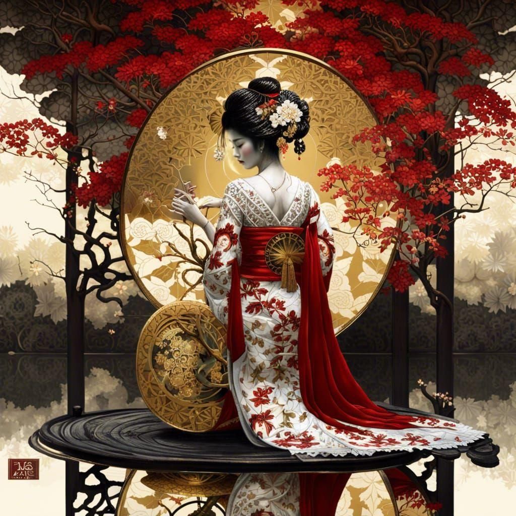 Ornate Japanese Geisha with Mirrored Reflection