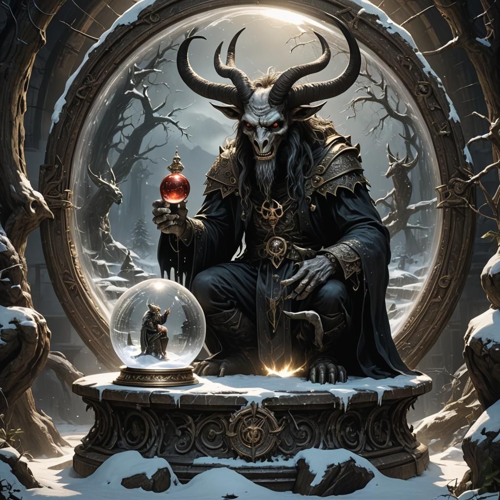 Baphomet and Snowglobe, in Dark Fantasy Style