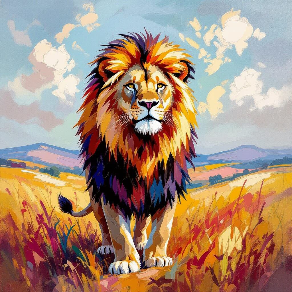 Majestic Lion in Post-Impressionist Impasto Style