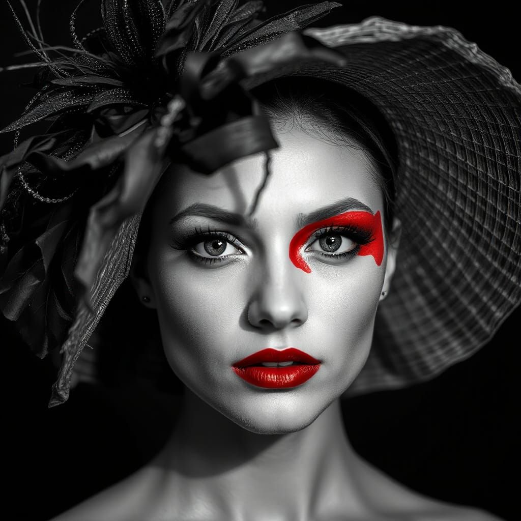 Black and White Portrait: Woman with Artistic Hat and Crimso...