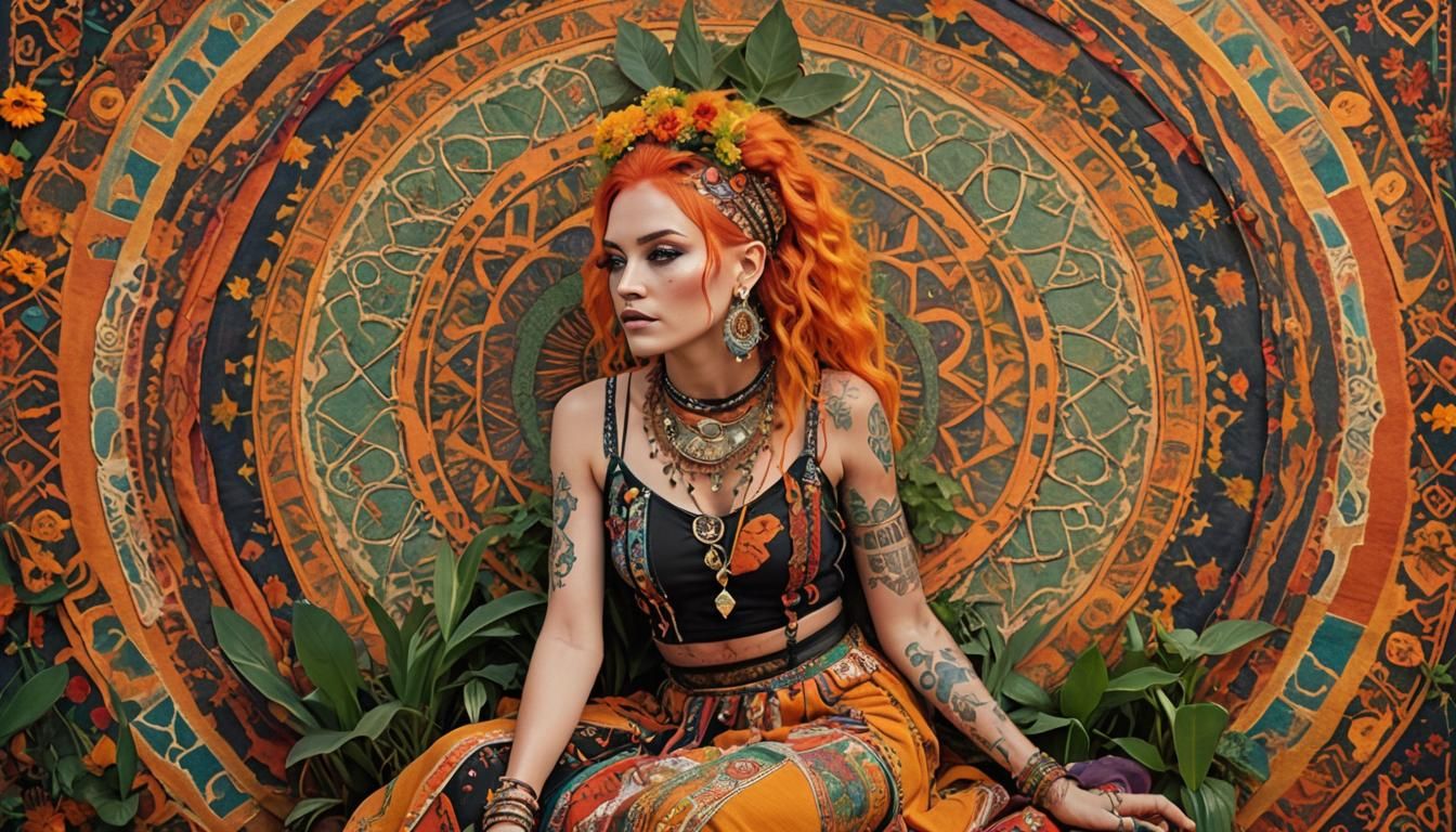 Bohemian Fashionista with Tattoos in Hyperrealistic Style
