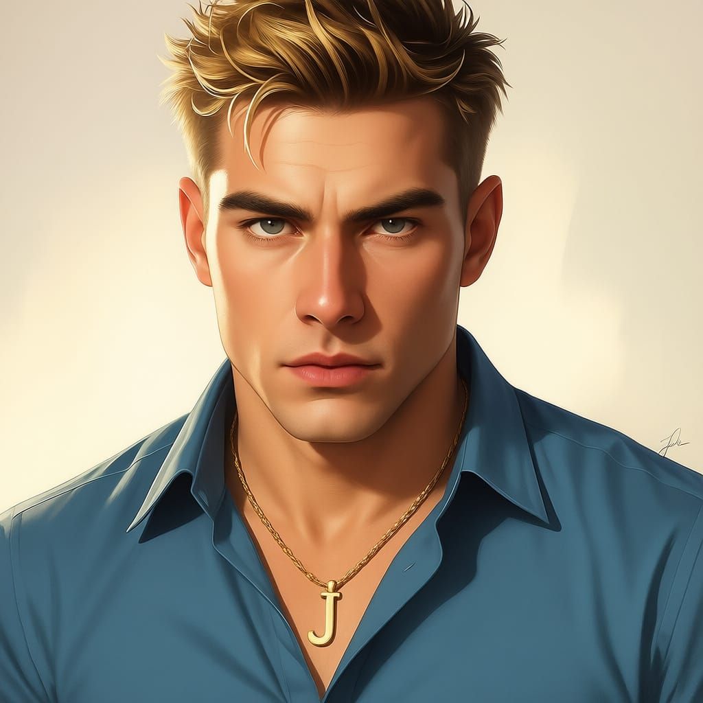 Blonde Man with Spiky Hair and Blue Eyes Wearing Gold Chain