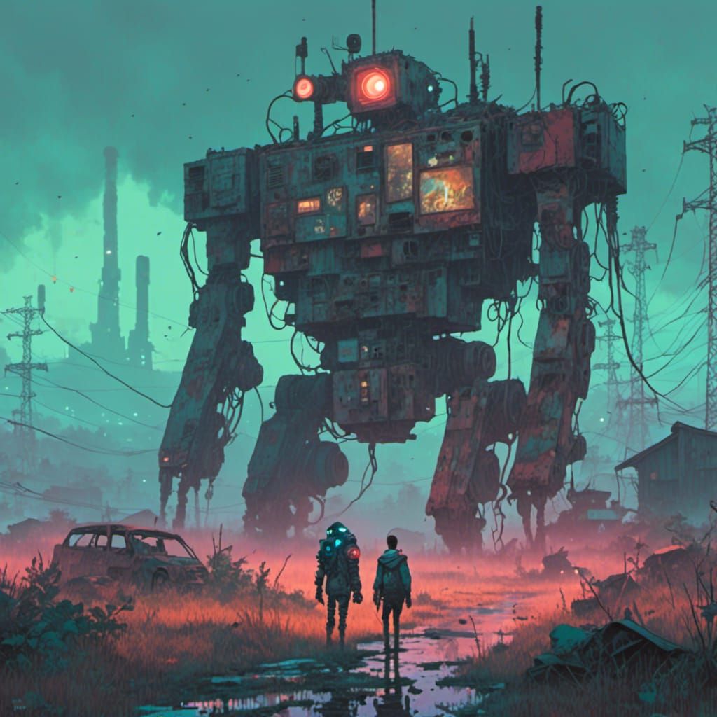 Lonely Robot Sentinel in Cyberpunk Wasteland