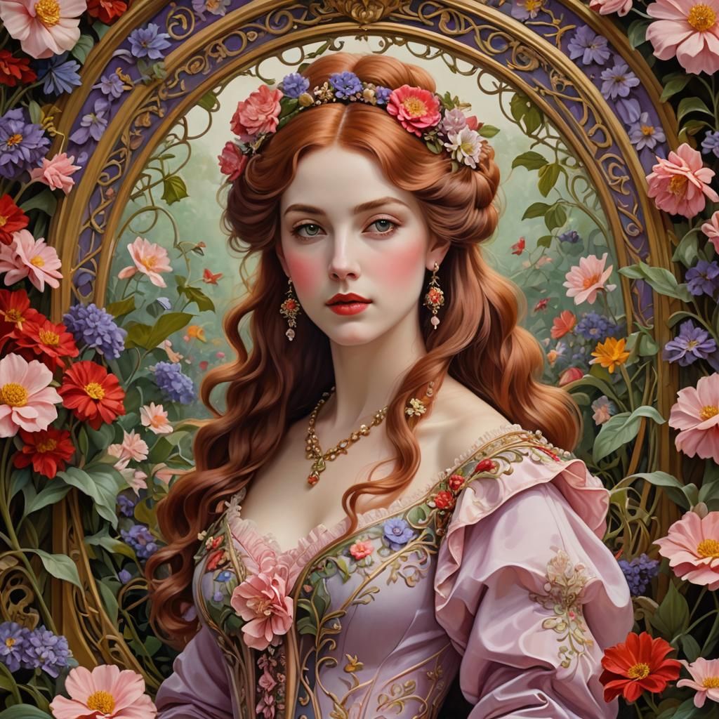Art nouveau portrait of woman with long red hair